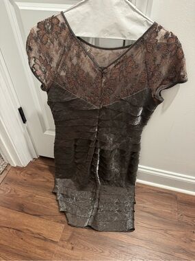 London Times Metallic Brown Tiered Cocktail Dress with Lace Yoke